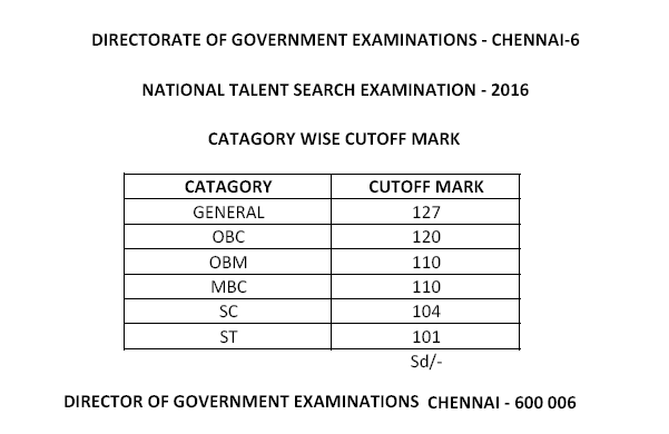 Tamil Nadu NTSE 2017 Result